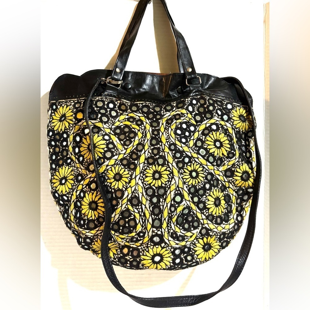 Handmade Floral Embroidered Black and Yellow Tote Bag